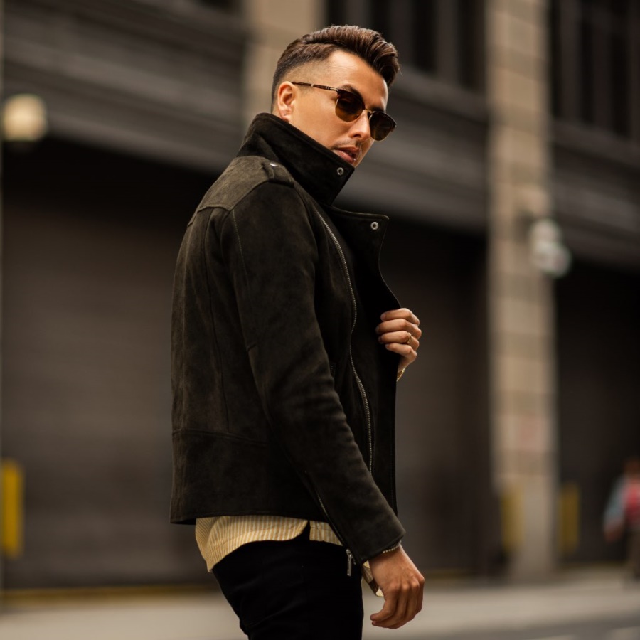 モーターサイクル ジャケット ダーク オリーブ スエード サタデー