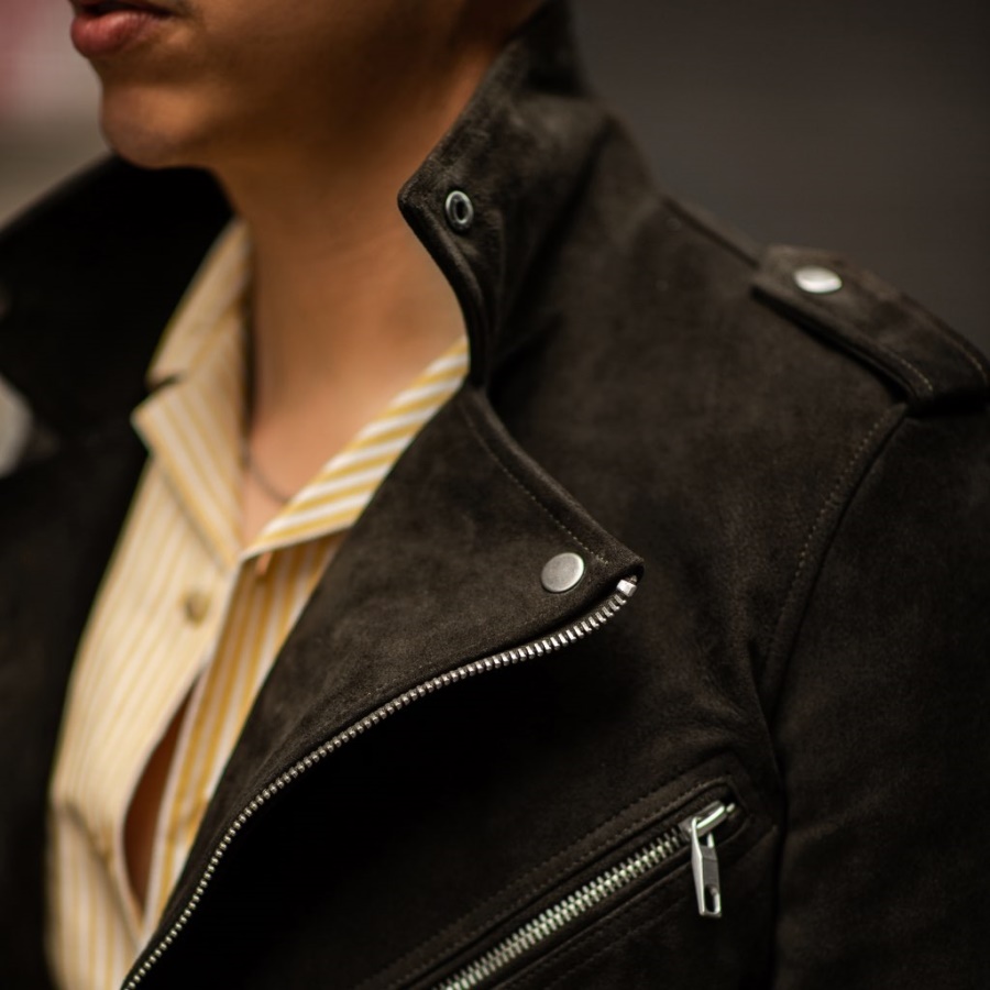 モーターサイクル ジャケット ダーク オリーブ スエード サタデー