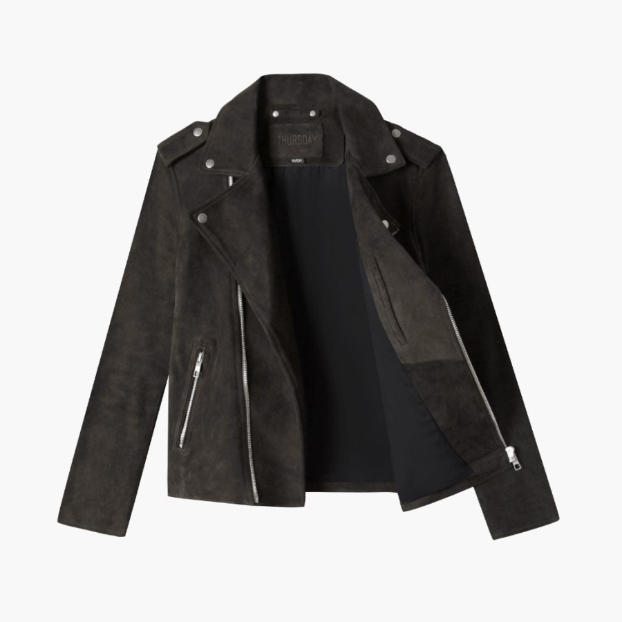モーターサイクル ジャケット ダーク オリーブ スエード サタデー